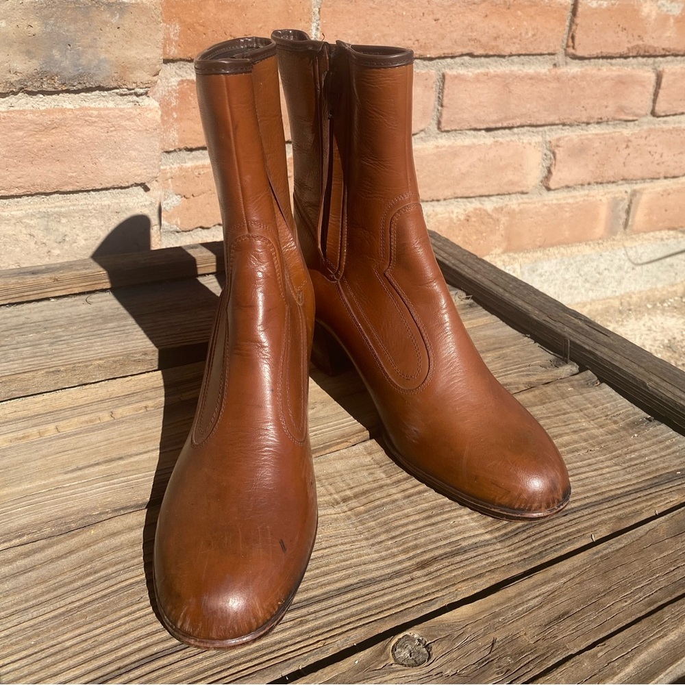 Vintage 70s Tan Brown Block Heel Ankle Boots – Western Mod Chelsea (Size 8)
